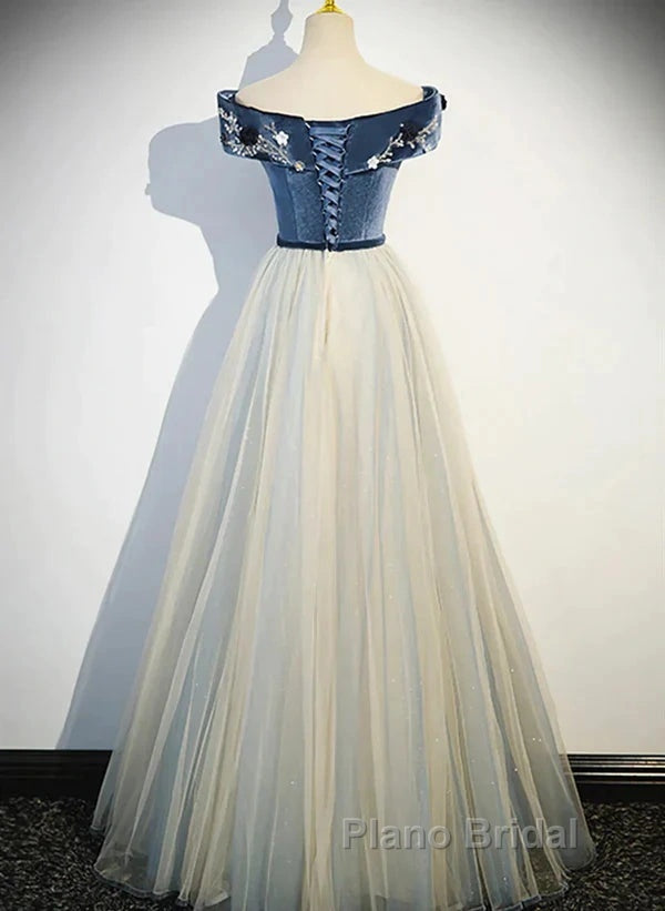 A-Line Blue-Grey Sequins Off Shoulder Long Party Dresses Velevet Long Formal Prom Dresses