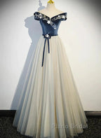 A-Line Blue-Grey Sequins Off Shoulder Long Party Dresses Velevet Long Formal Prom Dresses