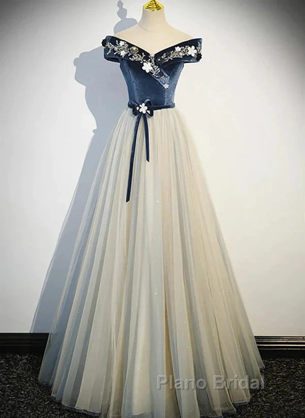 A-Line Blue-Grey Sequins Off Shoulder Long Party Dresses Velevet Long Formal Prom Dresses