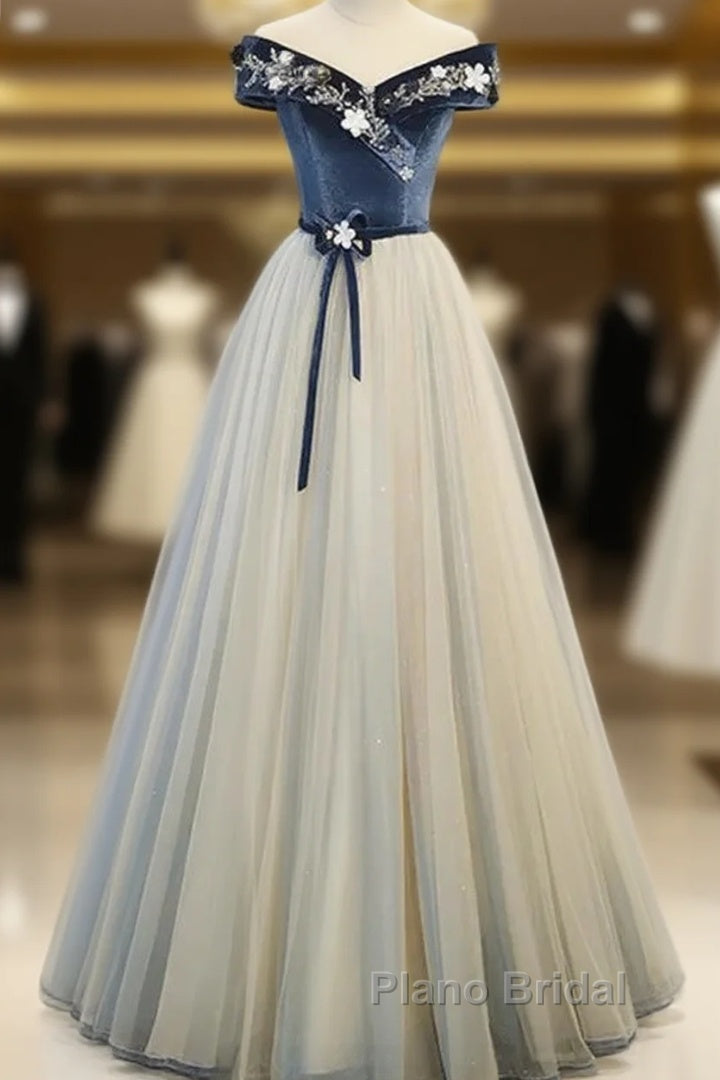 A-Line Blue-Grey Sequins Off Shoulder Long Party Dresses Velevet Long Formal Prom Dresses