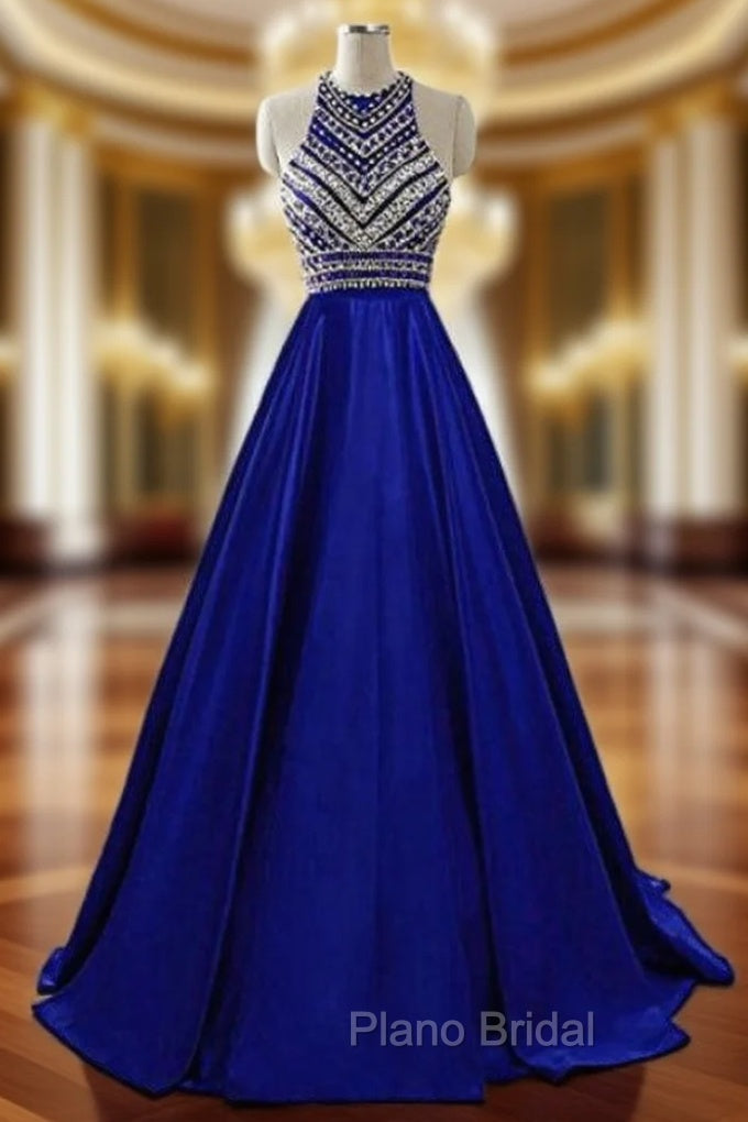 A-Line Blue Halter Satin Beading Formal Prom Dresses With Pocket Main image