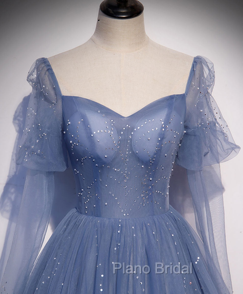 A line Blue Long Formal Prom Dresses, Blue Formal Graduation Dresses with Beading Secondary image