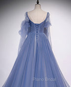 A line Blue Long Formal Prom Dresses, Blue Formal Graduation Dresses with Beading