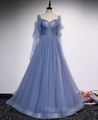 A line Blue Long Formal Prom Dresses, Blue Formal Graduation Dresses with Beading
