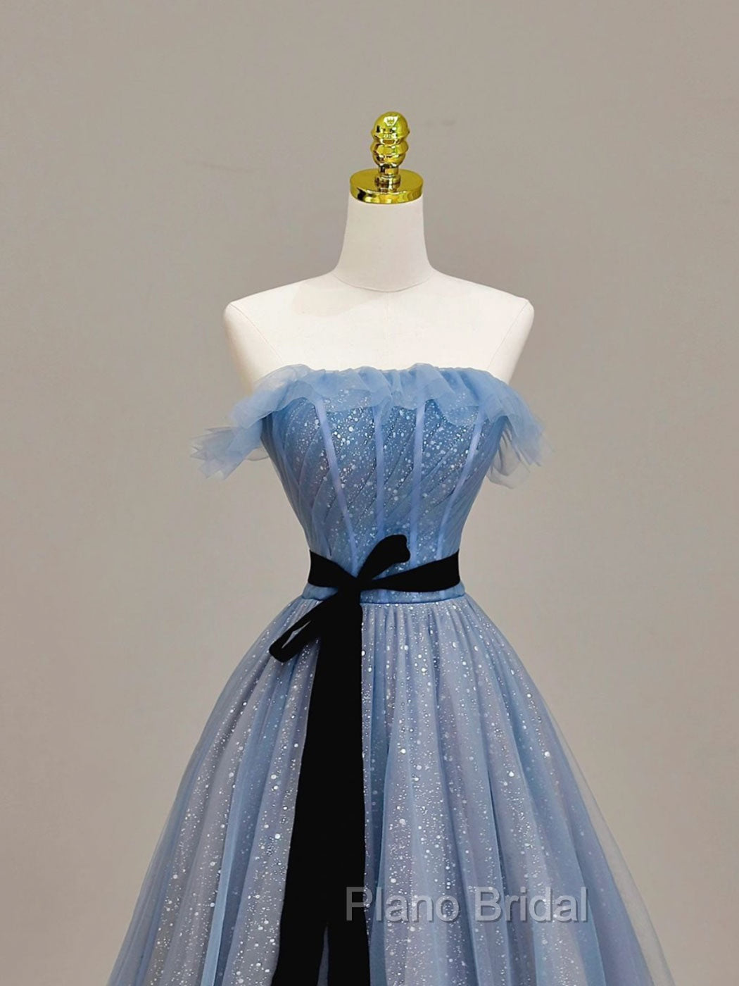 A-Line Blue Long Formal Prom Dresses, Tulle Sequin Long Blue Formal Evening Dresses