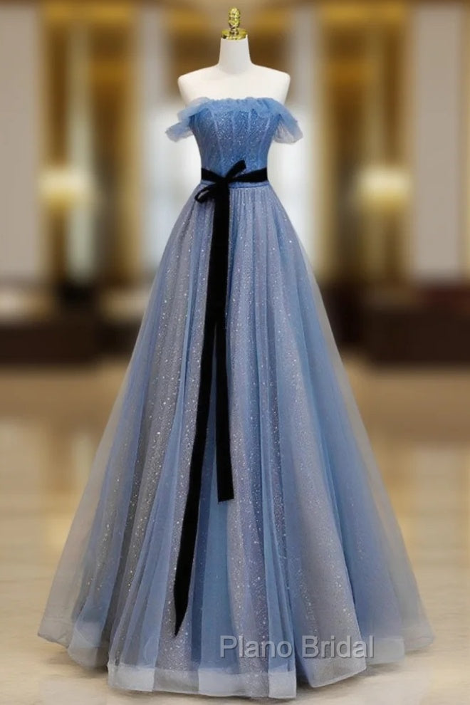 A-Line Blue Long Formal Prom Dresses, Tulle Sequin Long Blue Formal Evening Dresses