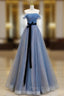 A-Line Blue Long Formal Prom Dresses, Tulle Sequin Long Blue Formal Evening Dresses