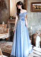 A-Line Blue Off Shoulder With Lace Long Formal Evening Dresses, Blue Long Formal Prom Dresses