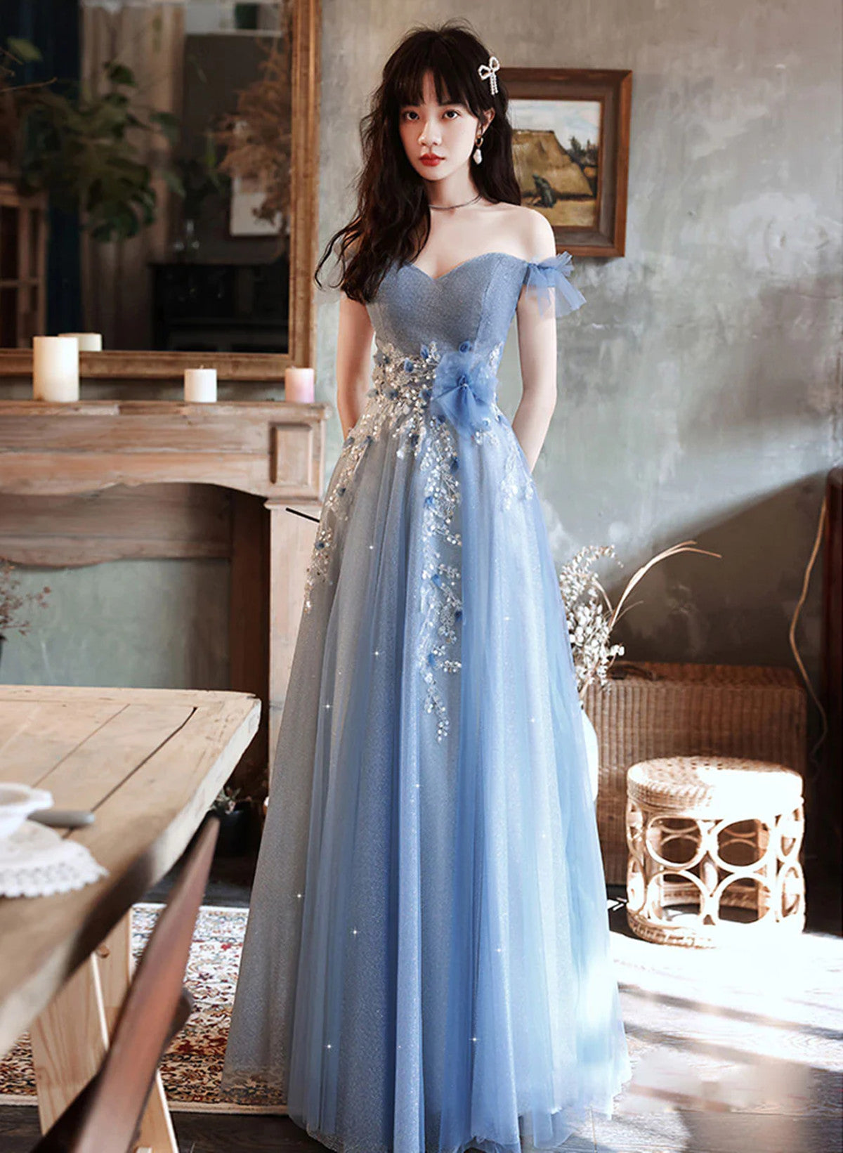 A-Line Blue Off Shoulder With Lace Long Formal Evening Dresses, Blue Long Formal Prom Dresses Secondary image