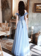 A-Line Blue Off Shoulder With Lace Long Formal Evening Dresses, Blue Long Formal Prom Dresses