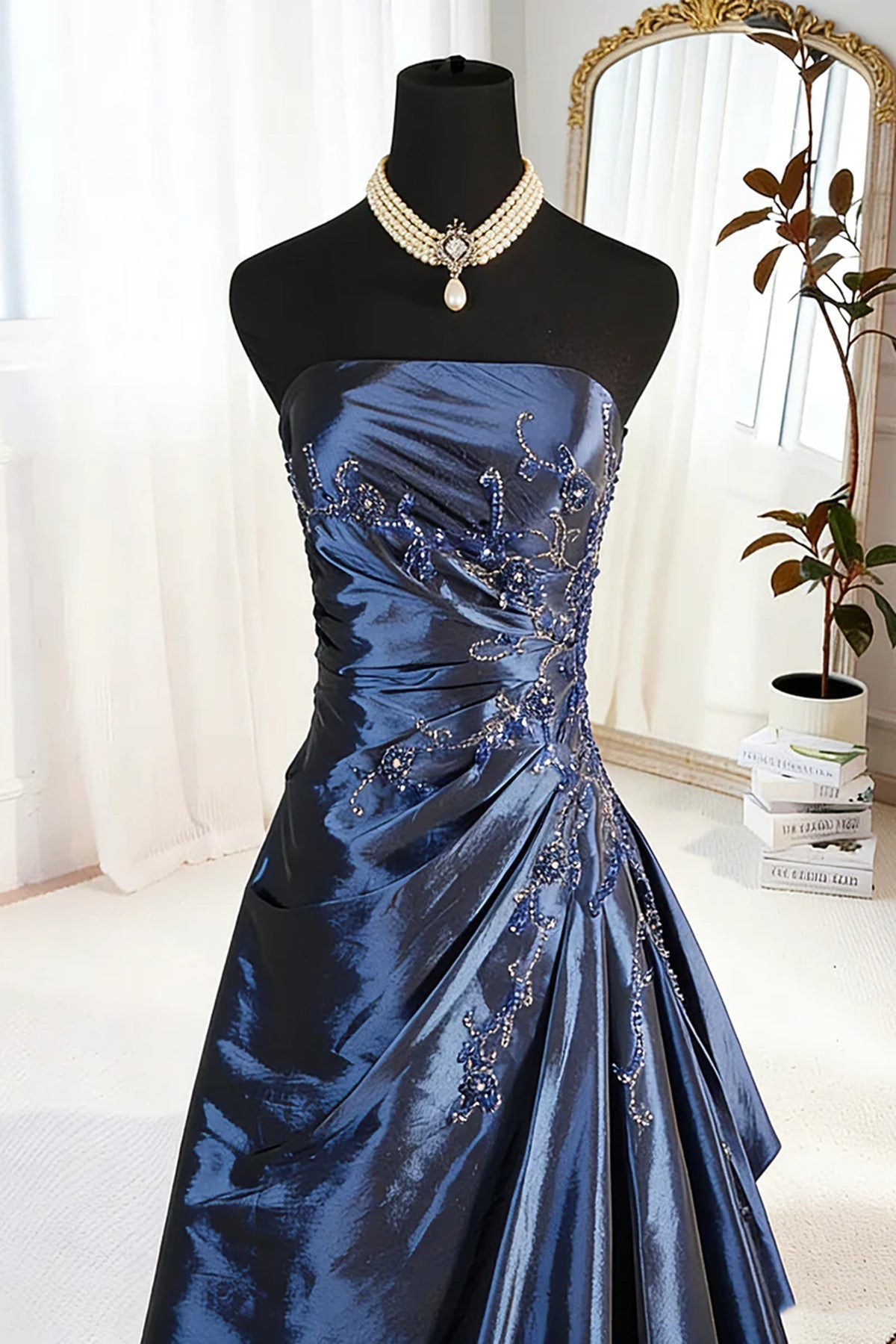 A-Line Blue Satin Beaded Floor Length Formal Prom Dresses, Blue Satin Scoop Long Party Dresses Secondary image