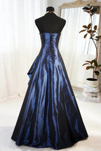 A-Line Blue Satin Beaded Floor Length Formal Prom Dresses, Blue Satin Scoop Long Party Dresses