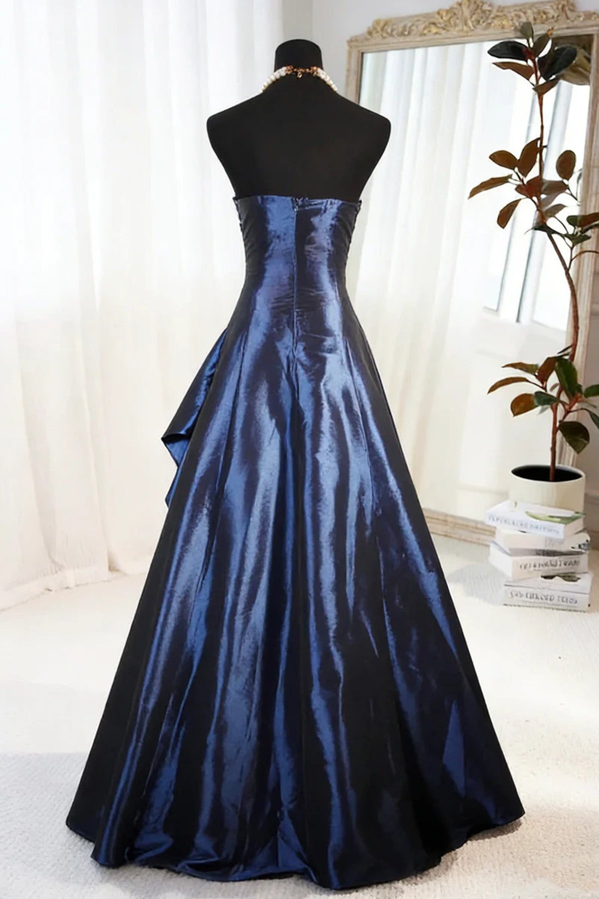A-Line Blue Satin Beaded Floor Length Formal Prom Dresses, Blue Satin Scoop Long Party Dresses