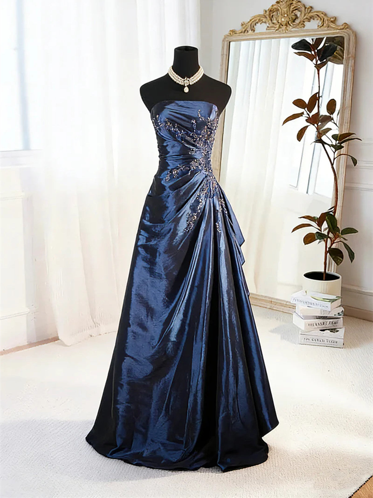 A-Line Blue Satin Beaded Floor Length Formal Prom Dresses, Blue Satin Scoop Long Party Dresses