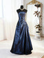 A-Line Blue Satin Beaded Floor Length Formal Prom Dresses, Blue Satin Scoop Long Party Dresses