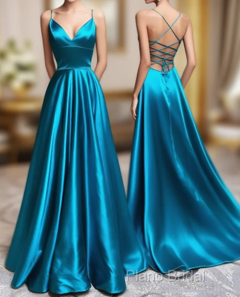 A-Line Blue Satin Long Formal Prom Dresses, Blue Formal Dresses Main image