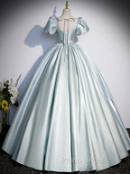 A-Line Blue Satin Long Formal Prom Dresses, Blue Long Formal Dresses