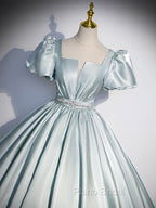 A-Line Blue Satin Long Formal Prom Dresses, Blue Long Formal Dresses