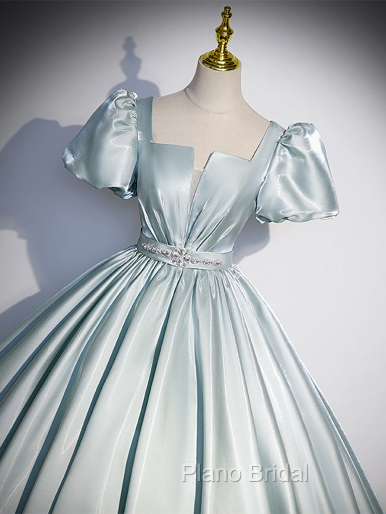 A-Line Blue Satin Long Formal Prom Dresses, Blue Long Formal Dresses