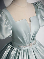 A-Line Blue Satin Long Formal Prom Dresses, Blue Long Formal Dresses