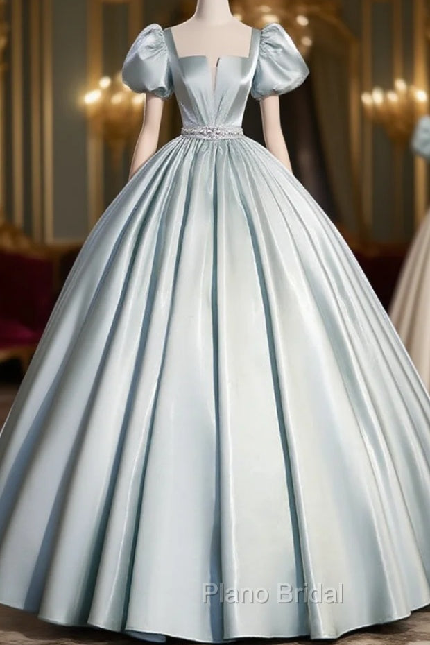 A-Line Blue Satin Long Formal Prom Dresses, Blue Long Formal Dresses