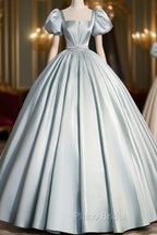 A-Line Blue Satin Long Formal Prom Dresses, Blue Long Formal Dresses
