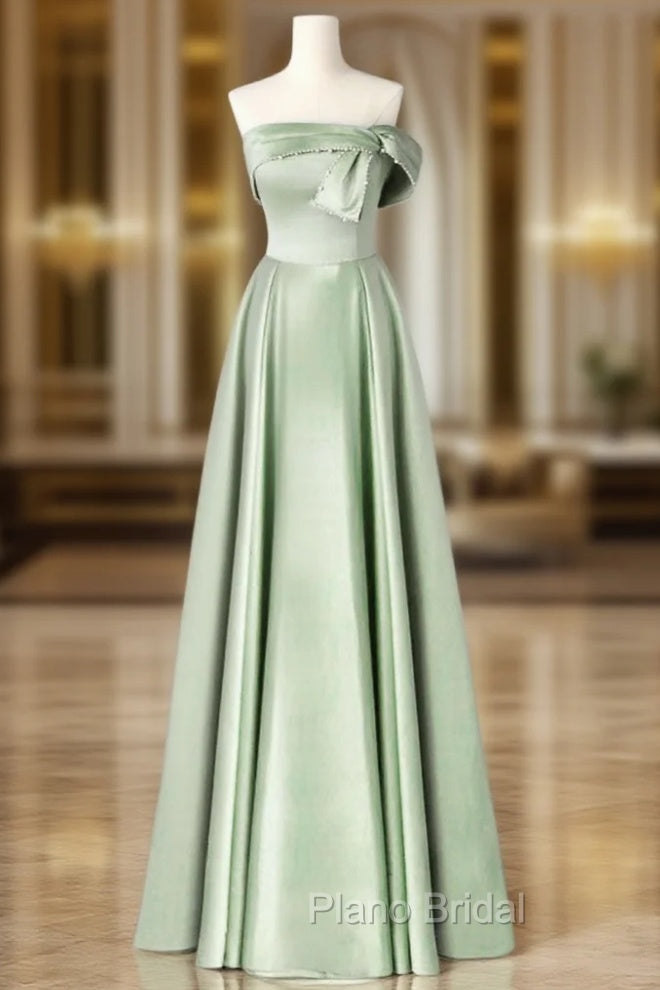 A-Line Blue Satin Long Formal Prom Dresses, Blue Formal Evening Dresses Main image