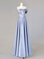 A-Line Blue Satin Long Formal Prom Dresses, Blue Formal Evening Dresses