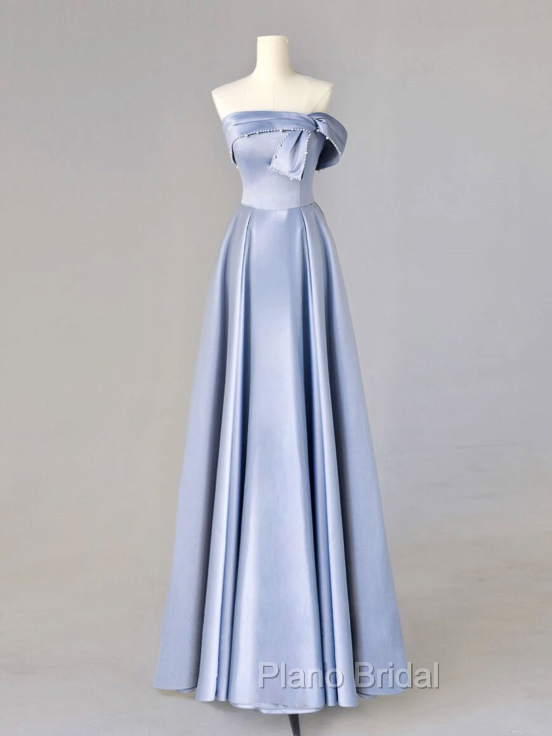A-Line Blue Satin Long Formal Prom Dresses, Blue Formal Evening Dresses