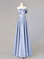 A-Line Blue Satin Long Formal Prom Dresses, Blue Formal Evening Dresses