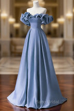 A-line Blue Satin Off Shoulder Long Evening Dresses, Long Formal Dresses Party Dresses