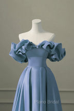 A-line Blue Satin Off Shoulder Long Evening Dresses, Long Formal Dresses Party Dresses