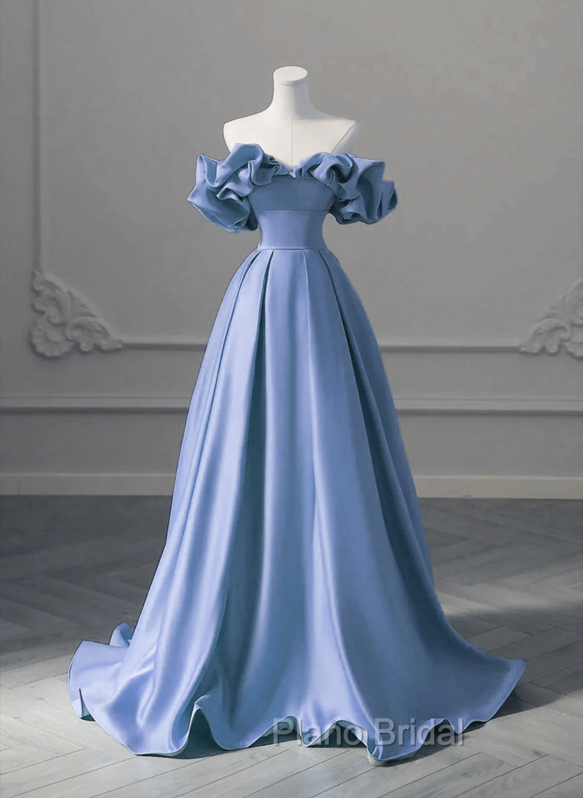 A-line Blue Satin Off Shoulder Long Evening Dresses, Long Formal Dresses Party Dresses Secondary image