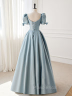 A-Line Blue Satin Puffy Sleeve Long Formal Prom Dresses, Blue Formal Dresses