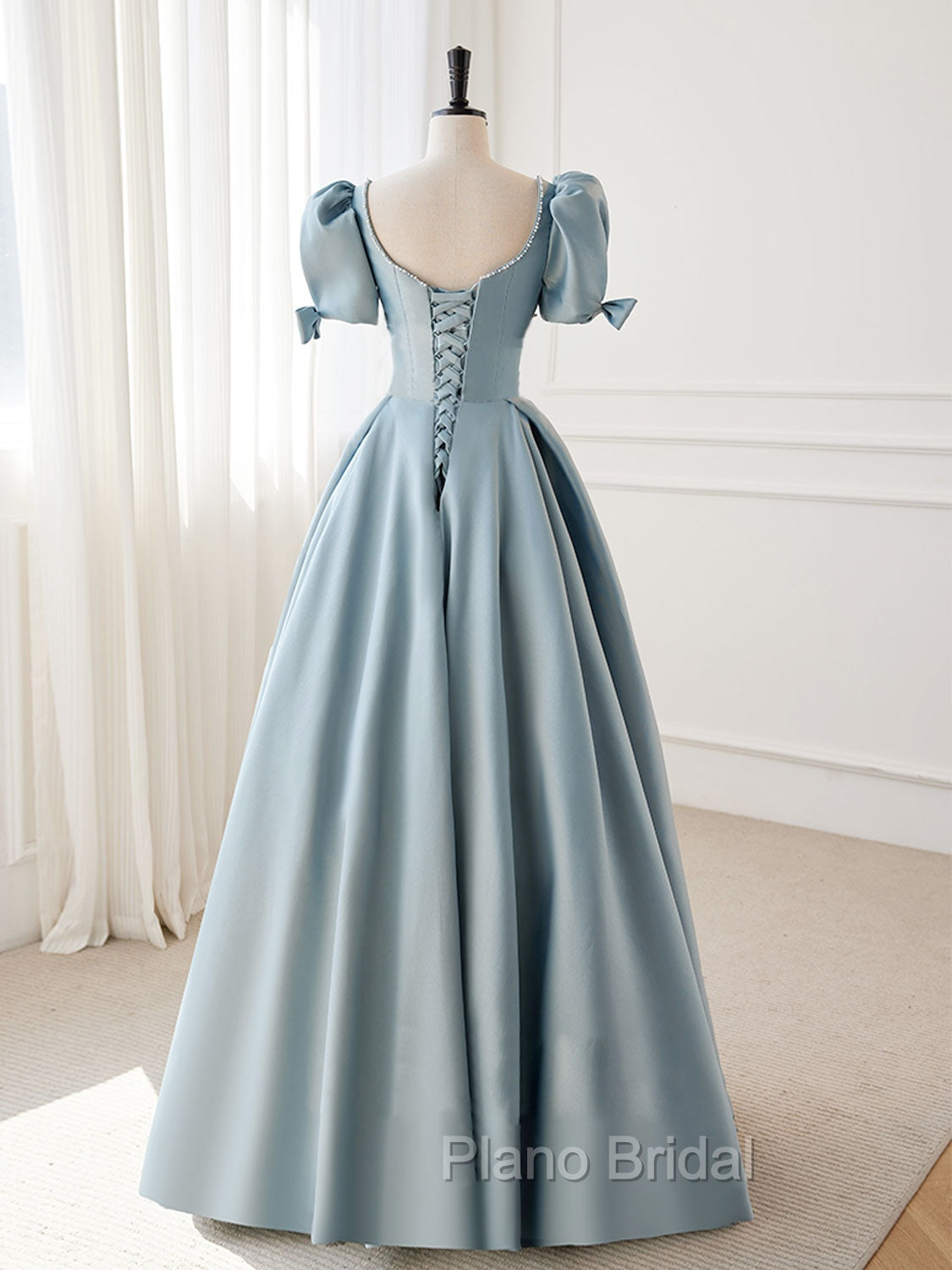 A-Line Blue Satin Puffy Sleeve Long Formal Prom Dresses, Blue Formal Dresses