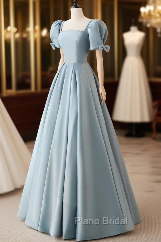 A-Line Blue Satin Puffy Sleeve Long Formal Prom Dresses, Blue Formal Dresses Main image