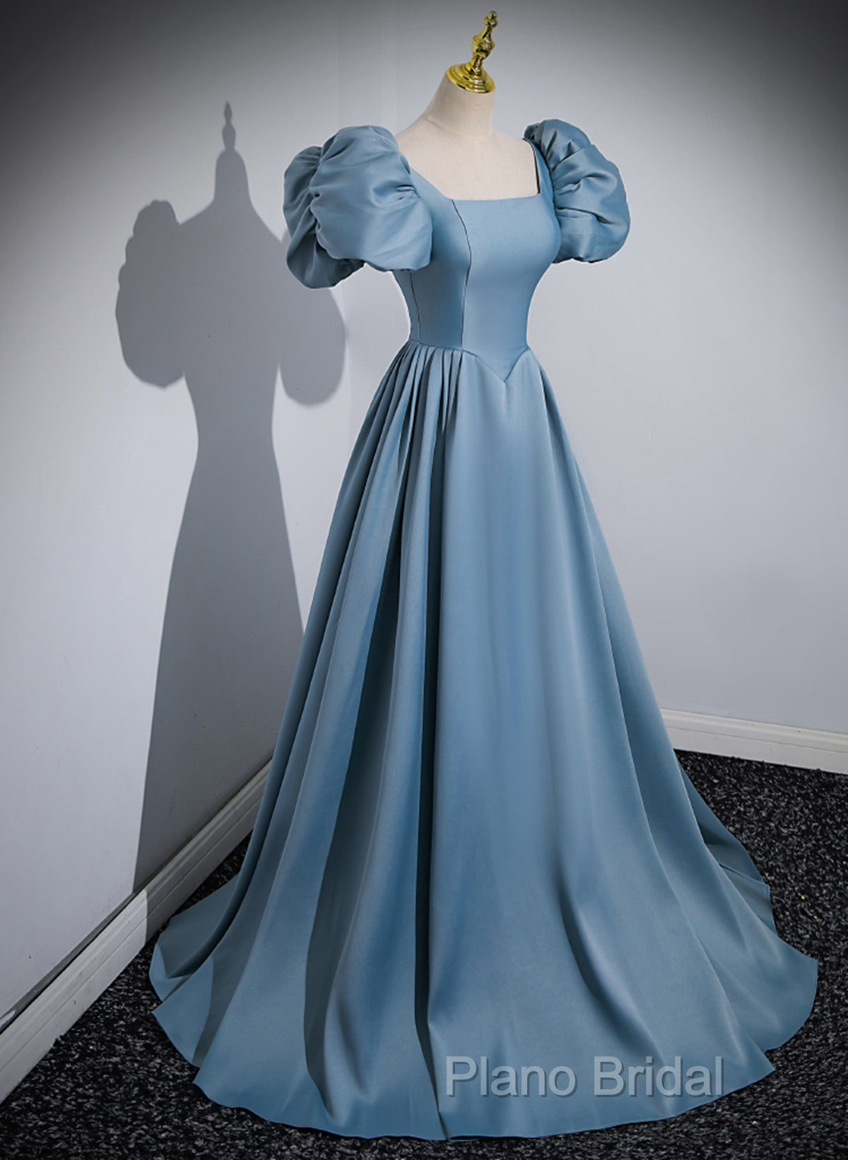 A-Line Blue Satin Short Sleeves Long Party Dresses, Blue Short Sleeves Formal Prom Dresses