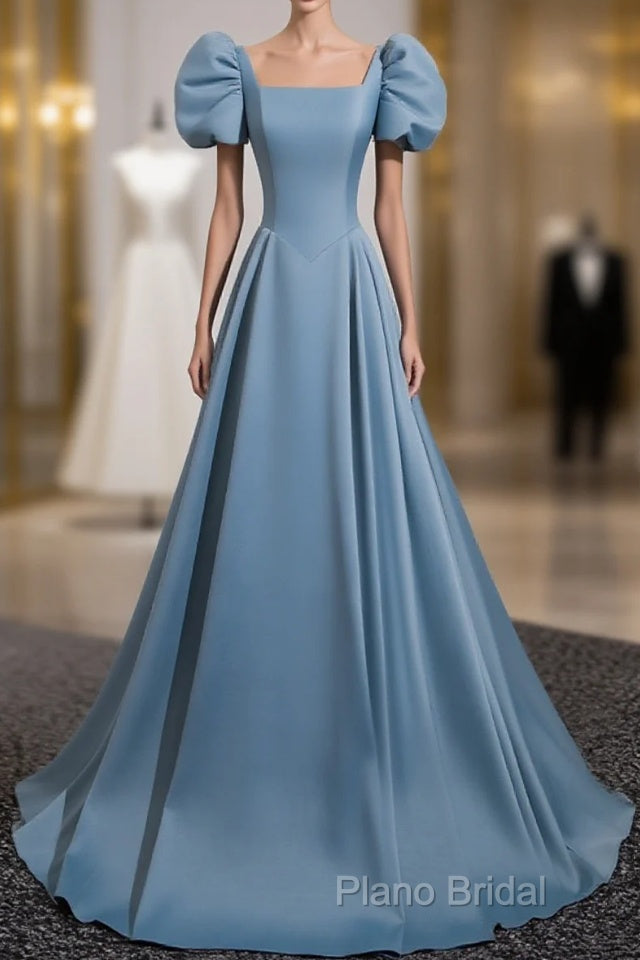 A-Line Blue Satin Short Sleeves Long Party Dresses, Blue Short Sleeves Formal Prom Dresses Main image