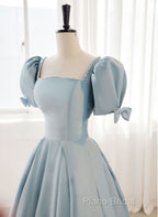A-Line Blue Satin Short Sleevs Long Formal Dresses, Blue Simple Floor Length Formal Prom Dresses