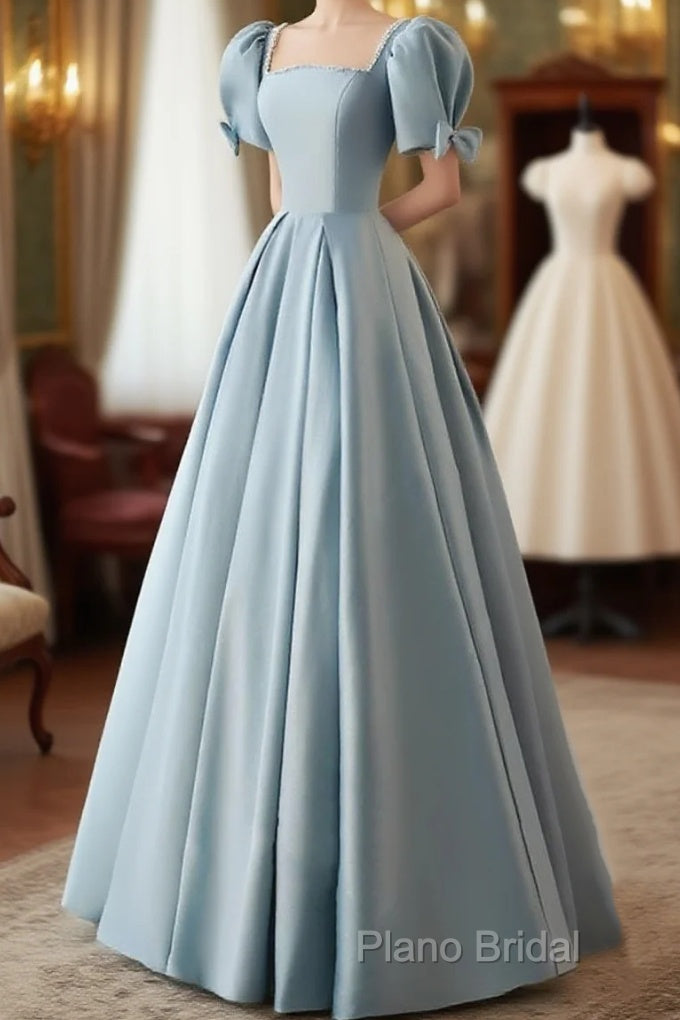 A-Line Blue Satin Short Sleevs Long Formal Dresses, Blue Simple Floor Length Formal Prom Dresses Main image