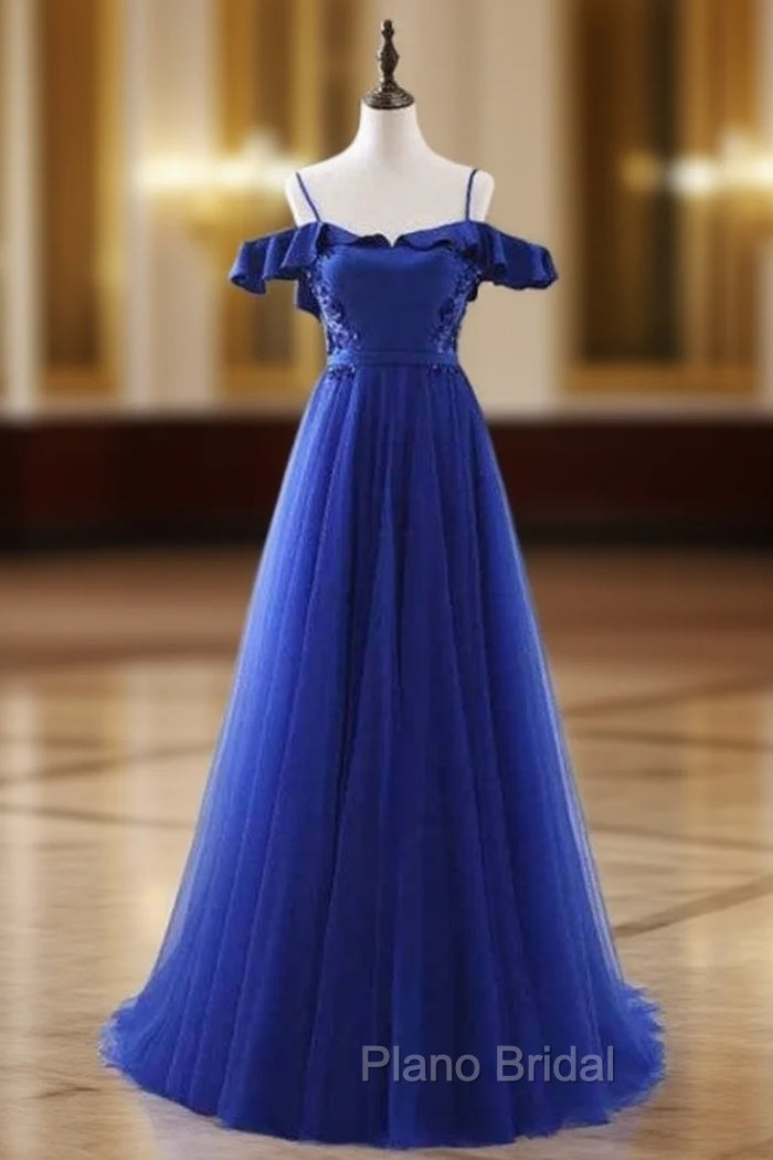 A-Line Blue Satin Tulle Spaghetti Straps Appliques Formal Prom Dresses Main image