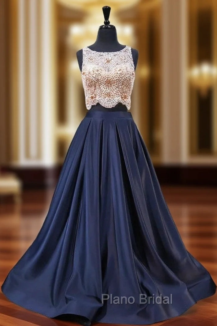 A-Line Blue Satin Two Piece Beading Bodice Evening Dresses Main image