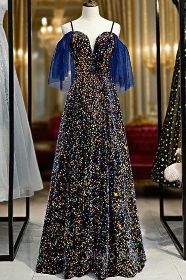 A-Line Blue Sequins Spaghetti Straps V-neck Formal Prom Dresses