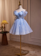 A-Line Blue Short Off Shoulder Knee Length Homecoming Dresses, Blue Short Formal Prom Dresses