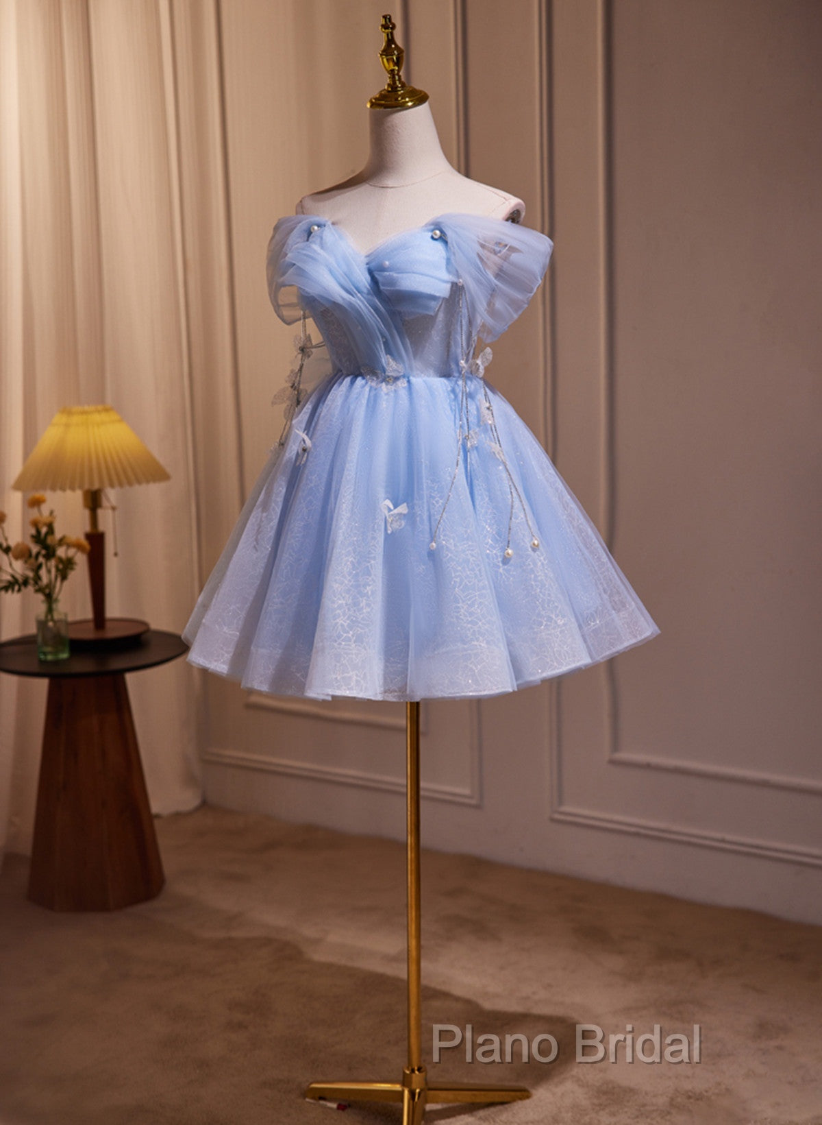 A-Line Blue Short Off Shoulder Knee Length Homecoming Dresses, Blue Short Formal Prom Dresses