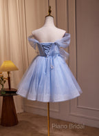 A-Line Blue Short Off Shoulder Knee Length Homecoming Dresses, Blue Short Formal Prom Dresses