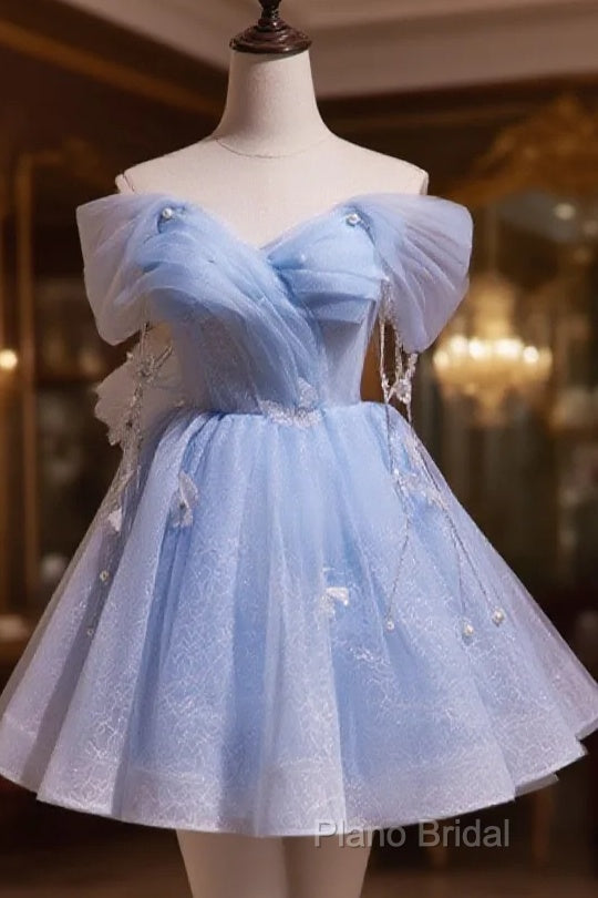 A-Line Blue Short Off Shoulder Knee Length Homecoming Dresses, Blue Short Formal Prom Dresses Main image