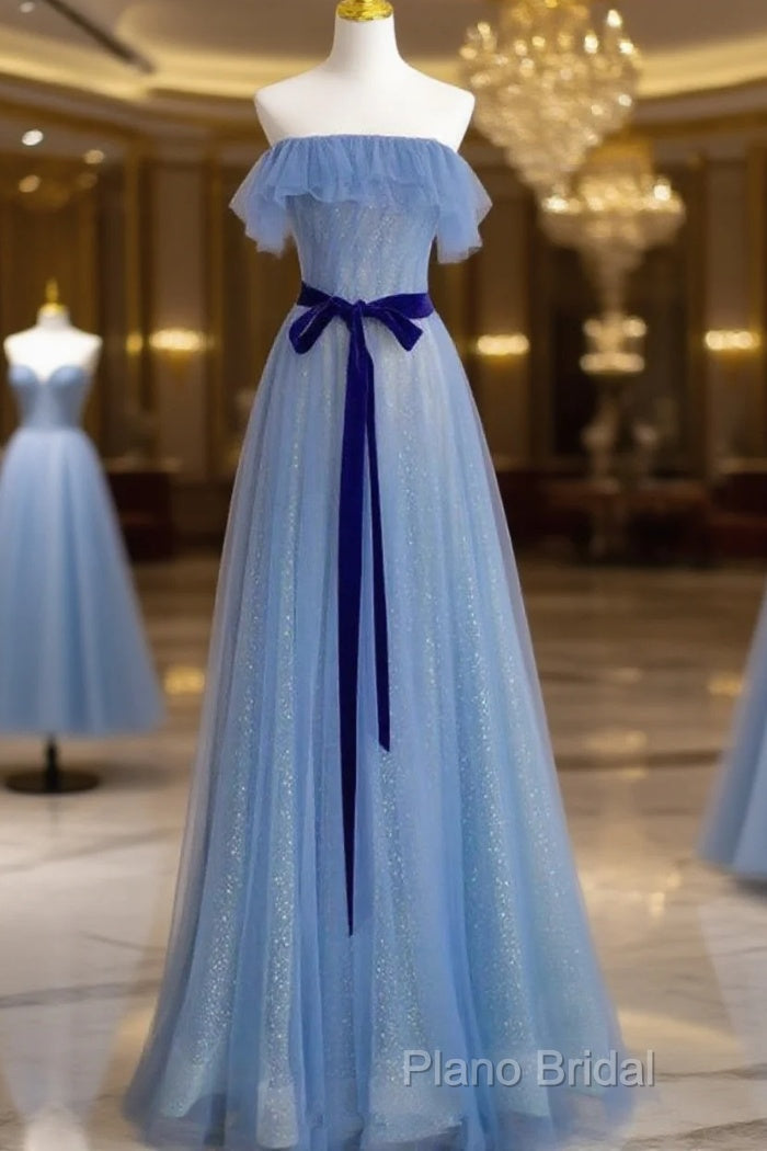 A-Line Blue Simple Off Shoulder Floor Length Formal Prom Dresses, Blue Long Party Dresses Main image