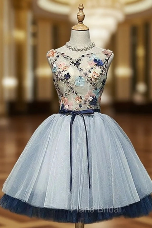 A-Line Blue Tulle Appliques Backless Homecoming Dresses
