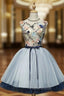 A-Line Blue Tulle Appliques Backless Homecoming Dresses